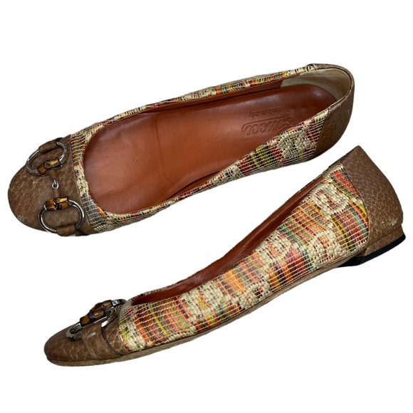 GUCCI Multi Tweed Raffia Tan Leather Horsebit Ballet Flats 37 or 7 in women - Picture 3 of 14